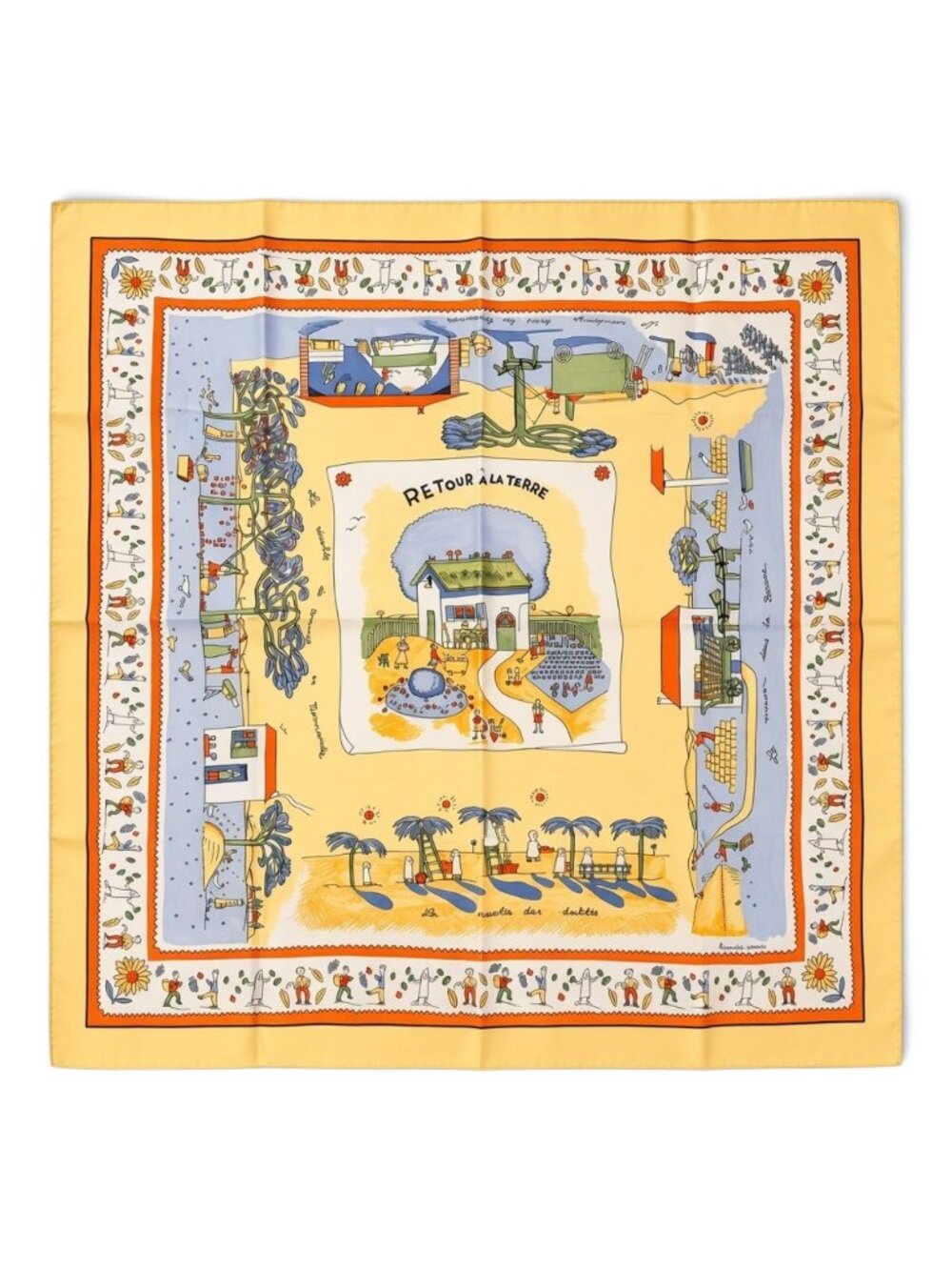 NWOT Hermès "Retour à la Terre" Silk Scarf Carré 90, Yellow 1998, Original Box